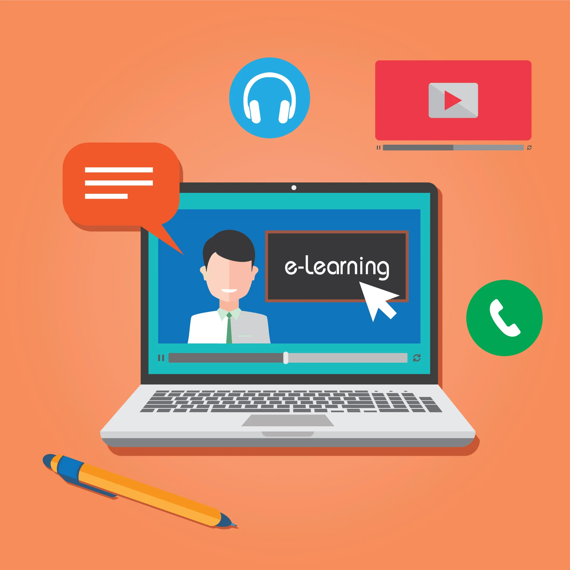 Laptop con schermata e-learning, icone di comunicazione, video e cuffie su sfondo arancione