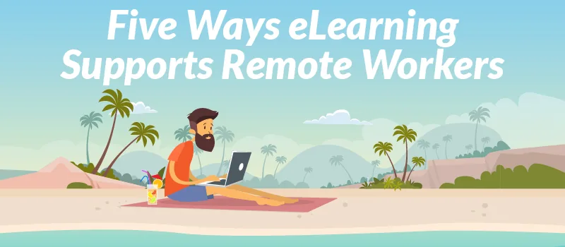 Un uomo lavora con il laptop su una spiaggia tropicale, simbolo di lavoro da remoto facilitato dall’e-learning