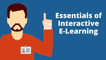 Persona stilizzata indica verso l’alto accanto al testo essentials of interactive e-learning, tema interattività digitale