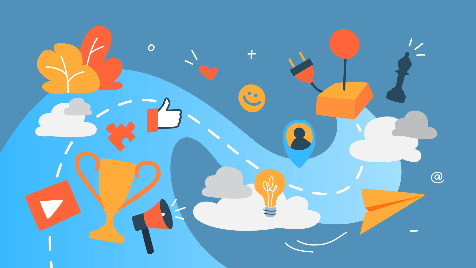 Percorso illustrato con icone di gamification come joystick, trofeo, like e scacchi su sfondo blu