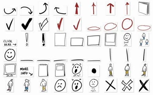 Set di simboli e icone disegnati a mano libera utili per corsi eLearning e presentazioni PowerPoint