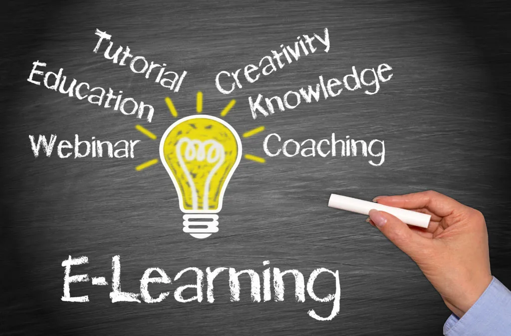Lampadina disegnata su lavagna con parole chiave come tutorial, coaching, webinar e la scritta e-learning