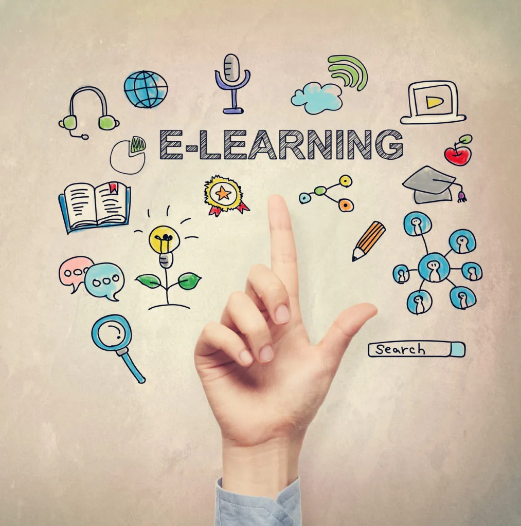 Mano che indica la scritta e-learning circondata da icone colorate di strumenti e concetti della formazione digitale