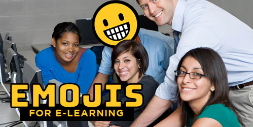 Quattro persone sorridenti davanti a computer, una con volto sostituito da emoji sorridente, testo Emojis for e-learning