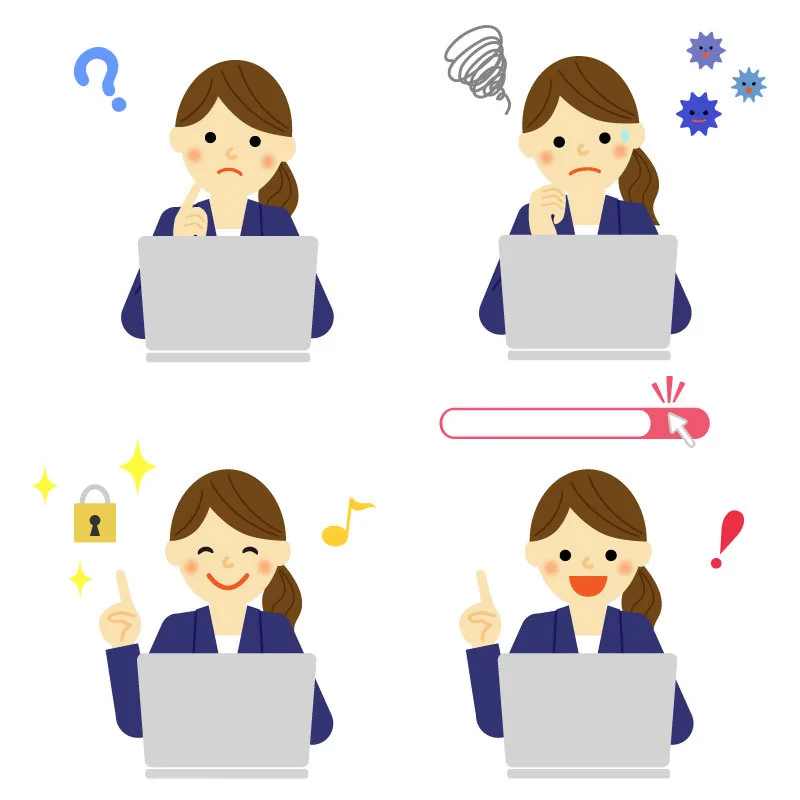 Donna davanti al computer che mostra emozioni diverse durante l’uso di contenuti e-learning, da confusione a soddisfazione