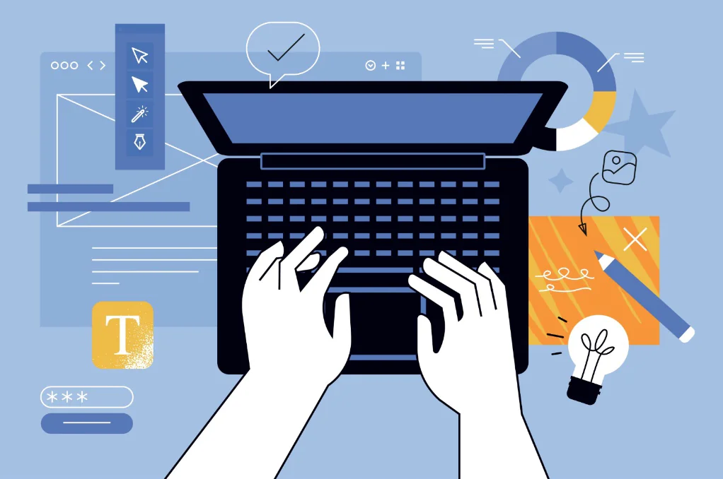 Due mani digitano su un laptop circondato da icone digitali e strumenti di progettazione e-learning