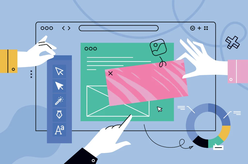Tre mani collaborano alla progettazione di una slide e-learning con strumenti grafici e grafico a torta