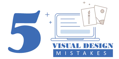 Numero cinque grande accanto a computer stilizzato e testo visual design mistakes, tema errori nel design visivo dei corsi