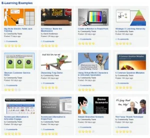 Griglia di anteprime di esempi di corsi e-learning con titoli e valutazioni a stelle per trovare risorse riutilizzabili