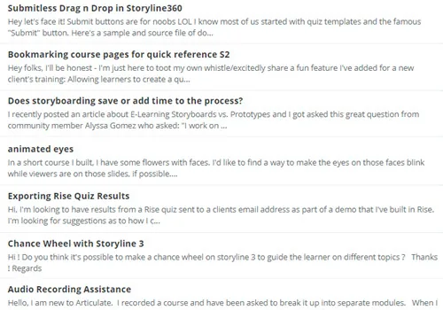 Lista di domande tecniche su funzionalità e problemi di Articulate Storyline e Rise in un forum di supporto e-learning