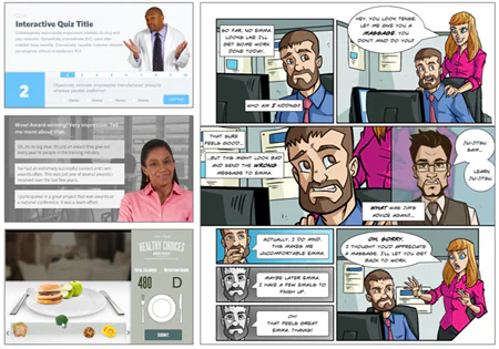 Collage di esempi di e-learning interattivo con quiz, scenari a fumetti e valutazioni digitali