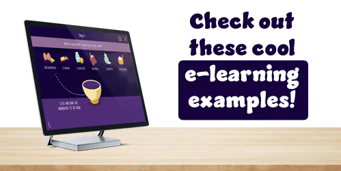Monitor su scrivania mostra un prototipo e-learning colorato con passaggi illustrati e testo promozionale