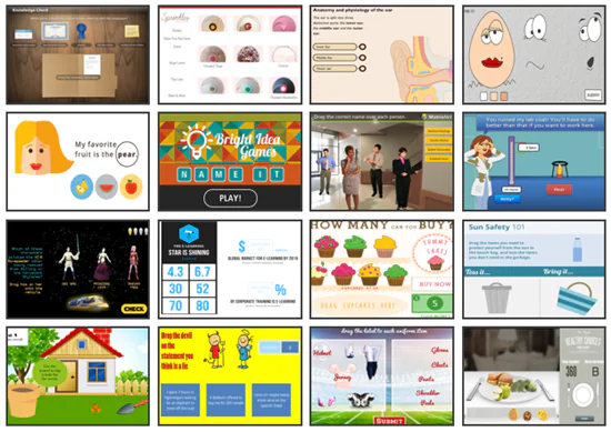Anteprima di quindici esempi di attività drag and drop per e-learning con quiz, giochi e simulazioni interattive