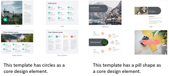 Confronto tra due template eLearning con elementi grafici distintivi come cerchi e forme a pillola per il design delle slide
