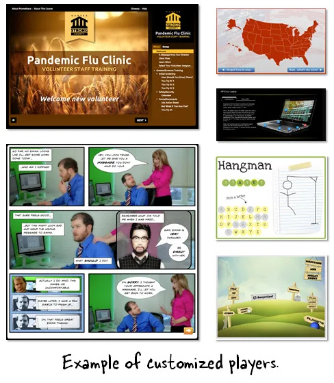 Varie schermate di corsi e attività interattive create con player personalizzati in Articulate Storyline