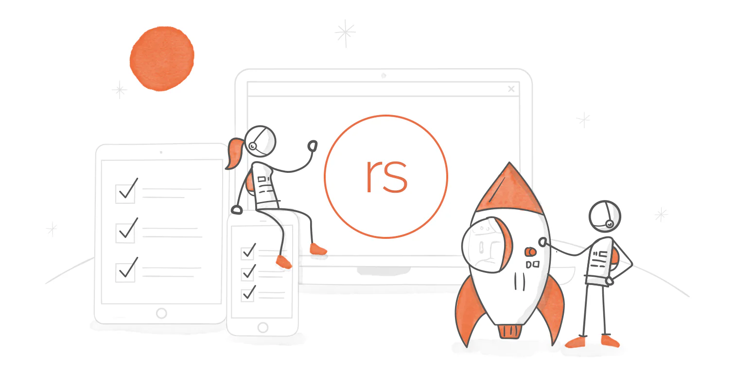 Illustrazione di dispositivi digitali e personaggi stilizzati che rappresentano la creazione di corsi responsive con Rise