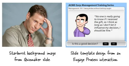 Due esempi di risorse grafiche riutilizzabili per e-learning: una foto da Quizmaker e una slide interattiva da Engage