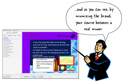 Schermata di un corso e-learning con branding aziendale ridotto e personaggio che spiega il vantaggio della scelta