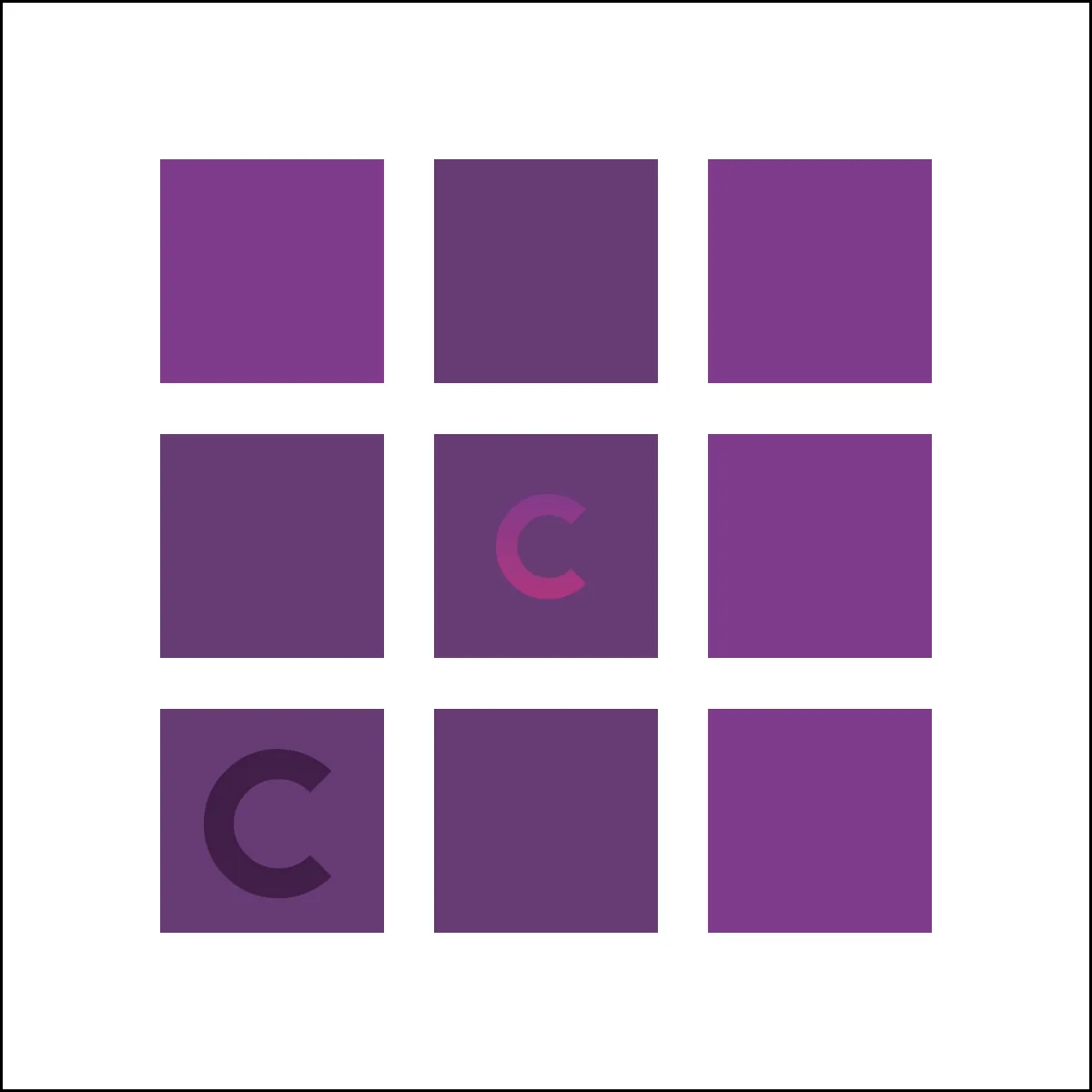 Griglia di nove quadrati viola con due lettere C di diverso contrasto che mostra il principio del contrasto nel visual design