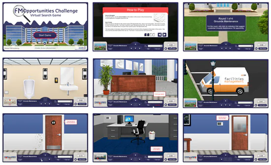 Sequenza di schermate di un corso e-learning gamificato con istruzioni, ambienti virtuali e sfide interattive