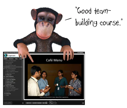 Scimmia cartoon indica un corso e-learning su team building con schermata Café Menu e gruppo di persone