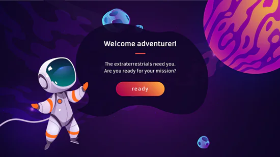 Astronauta stilizzato accanto a un messaggio di benvenuto su sfondo spaziale, esempio di corso e-learning a tema avventura
