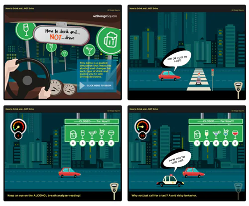 Quattro schermate di un corso e-learning interattivo su bere responsabilmente e non guidare, con grafica animata e quiz
