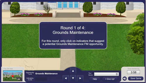 Schermata di un corso elearning gamificato con istruzioni per selezionare indicatori di manutenzione del verde