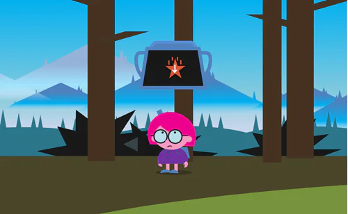 Personaggio cartoon in un ambiente boschivo con trofeo virtuale, esempio di gamification in un corso elearning