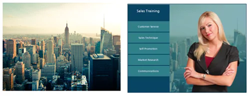 Vista di una città e schermata e-learning con menu e persona, esempio di immagini gratuite in Storyline 2