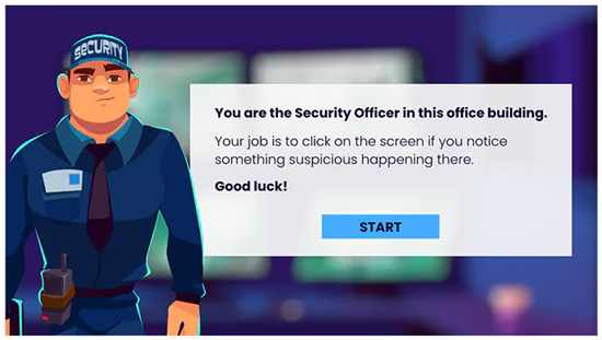 Schermata di un corso e-learning interattivo con un avatar di security officer e istruzioni per l’utente