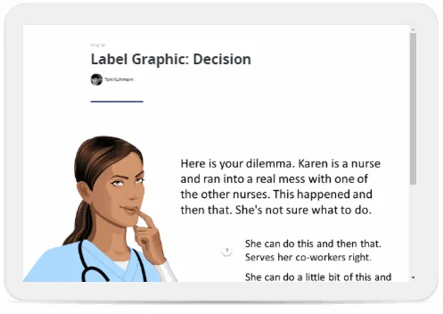 Schermata di un corso e-learning in Rise con scenario decisionale e interazione a fisarmonica