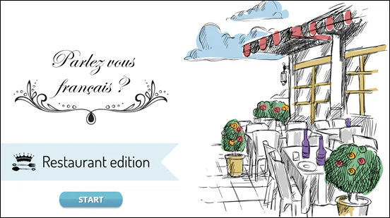 Schermata di corso e-learning con illustrazione di ristorante all’aperto e pulsante start, creata con IA per Storyline 360