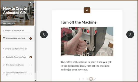 Pagina di un corso Rise 360 con GIF animata che mostra una fase di processo e istruzioni per spegnere una macchina del caffè