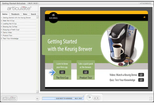 Interfaccia di un corso eLearning creato con Articulate, ispirato al sito Keurig, che mostra menu e pulsanti interattivi