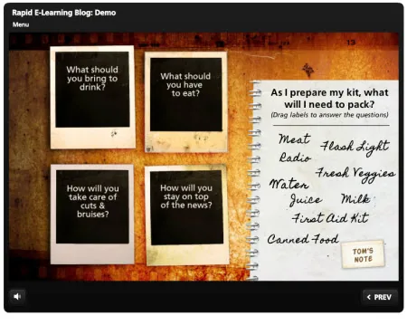Quattro immagini stile Polaroid e una lista su taccuino mostrano un layout coerente per corsi e-learning