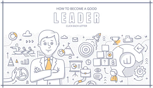 Illustrazione di una slide e-learning sulla leadership con grafica pulita, icone e personaggio centrale in stile Articulate