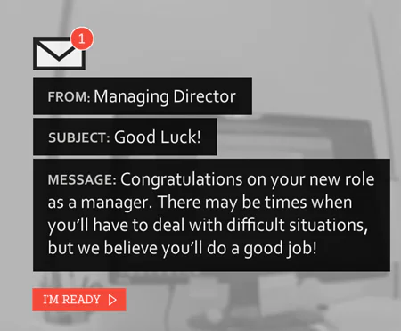 Schermata di un video interattivo e-learning che mostra un'email di benvenuto motivazionale per un nuovo manager