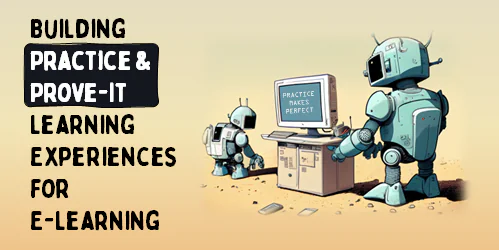 Due robot apprendono davanti a un computer con la scritta practice makes perfect, simbolo di apprendimento pratico