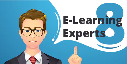 Illustrazione di un uomo con occhiali e cravatta che indica la scritta E-Learning Experts 8 su sfondo blu