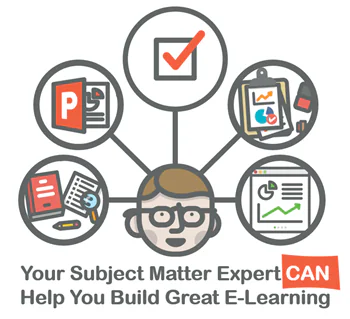 Illustrazione di un esperto in materia collegato a strumenti e materiali utili per creare corsi e-learning efficaci