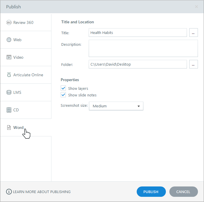 Schermata di Articulate Storyline con opzione Word selezionata per esportare un corso e-learning e facilitarne la revisione