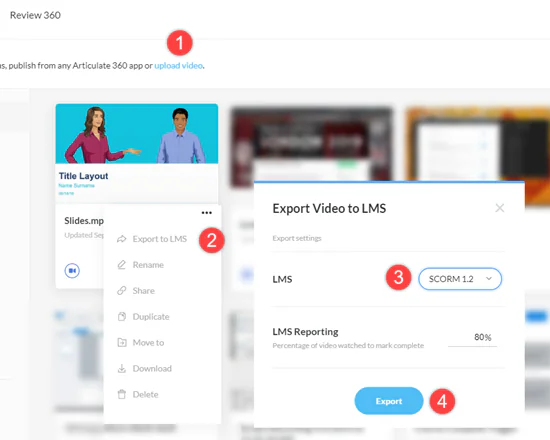 Finestra di esportazione video da PowerPoint in Review 360 con opzioni LMS SCORM e tracciamento percentuale