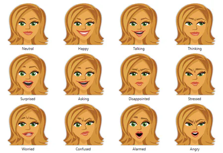 Dodici volti cartoon femminili mostrano espressioni facciali diverse per creare personaggi personalizzati nei corsi eLearning