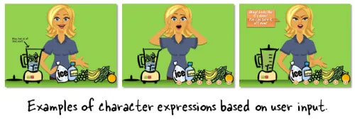 Tre vignette mostrano un personaggio cartoon che cambia espressione davanti a ingredienti per frullato