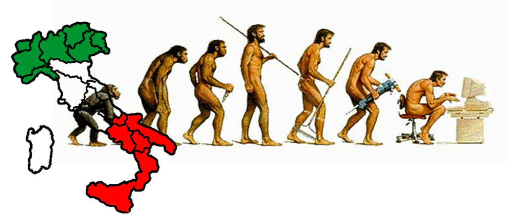 Evoluzione umana verso la tecnologia con mappa dell’Italia che evidenzia il divario tra Nord e Sud nel contesto e-learning