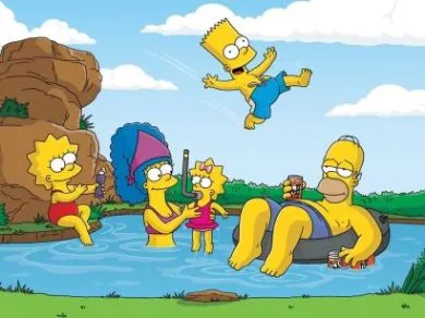 Famiglia di personaggi animati si rilassa in una piscina naturale durante una giornata estiva, simbolo di pausa e relax
