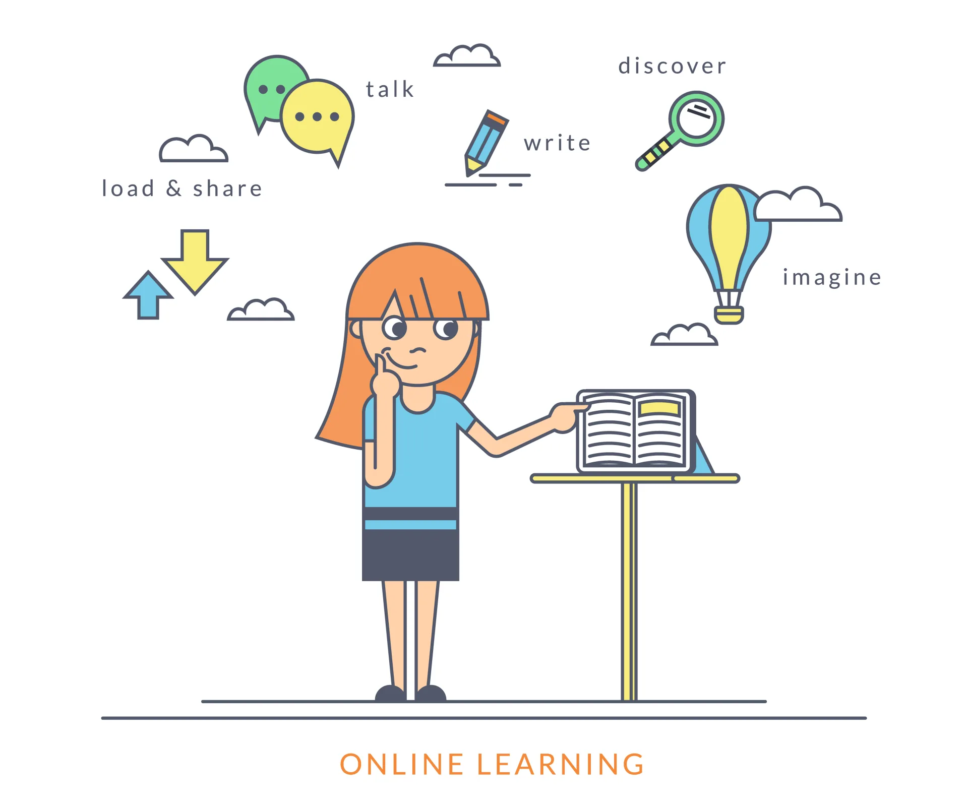 Bambina stilizzata davanti a un libro aperto con icone che rappresentano attività di apprendimento online