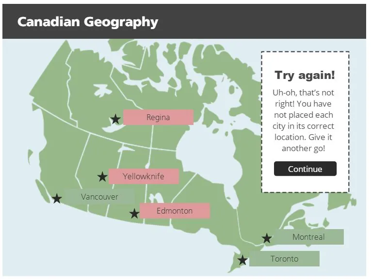 Mappa del Canada con città posizionate tramite drag and drop e feedback visivo di risposta errata in Articulate Storyline