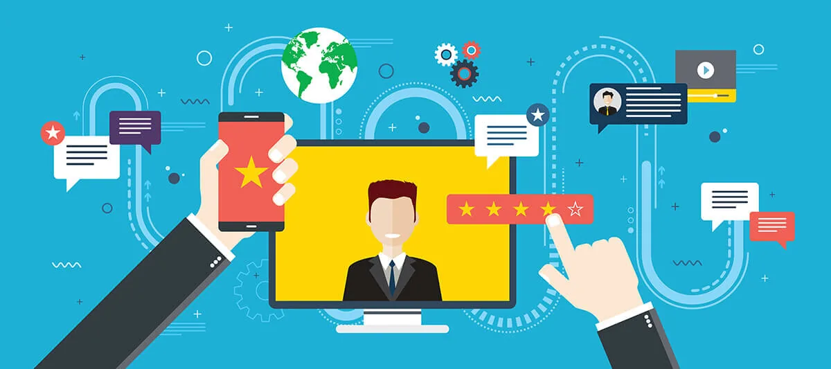 Due mani danno valutazioni a stelle e commenti digitali su un corso online, simbolo del feedback nell’apprendimento digitale